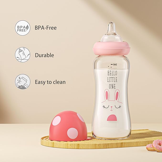 YOHKOH Natural Glass Baby Bottle with Natural Response Nipple, Newborn Anti-Colic Baby Bottles, Wide Neck Mushroom Cap Baby Bottle, Clear (8.8ounce (Pack of 2), Multicolour1)