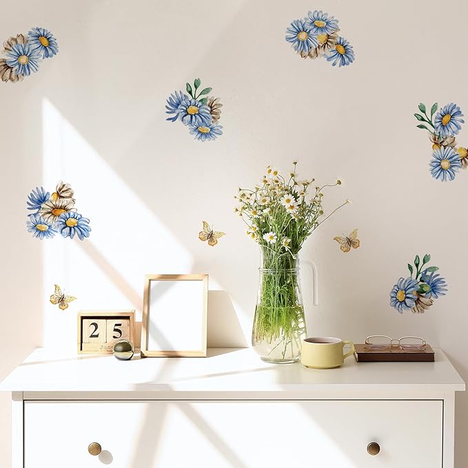 YouRfocus Blue Daisy Wall Decals | 33 PCS Boho Flower Stickers for Girls' Rooms, Playrooms, and Nurseries | Dual Layer Print for High Coverage | Removable Peel and Stick Wall Decor | 6 Sheets