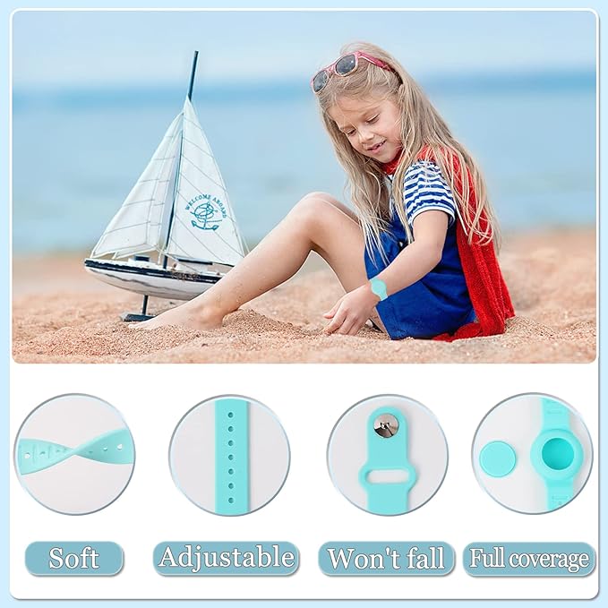 Kids Waterproof Airtag Bracelet Compatible with Apple AirTag, Hidden Silicon Protective Case for Air Tag GPS Tracker Holder, Adjustable Anti-Lost Watch Band for Toddler Child (Cyan & Pink)