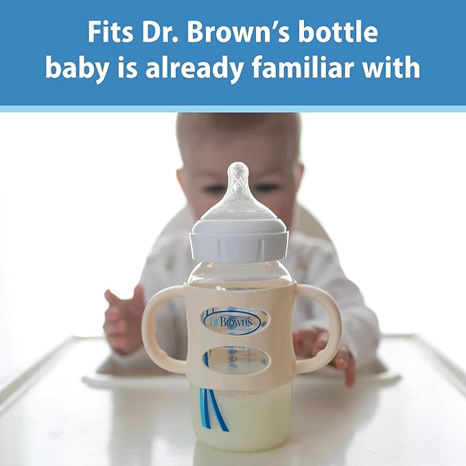 Dr. Brown's Wide-Neck Baby Bottle Handles, 100% Silicone, Easy Grip Removable Handles for Bottle to Sippy Cup Transition, Blue/Gray/Green, 3-Pack, 4m+