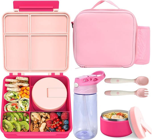 Kids Bento Lunch Box with 8oz Soup Thermo, Water Bottle, Leakproof Lunch Food Containers with 4 Compartment, Kids Insulated Hot Food Jar with Lunch Bag for School(Pink)