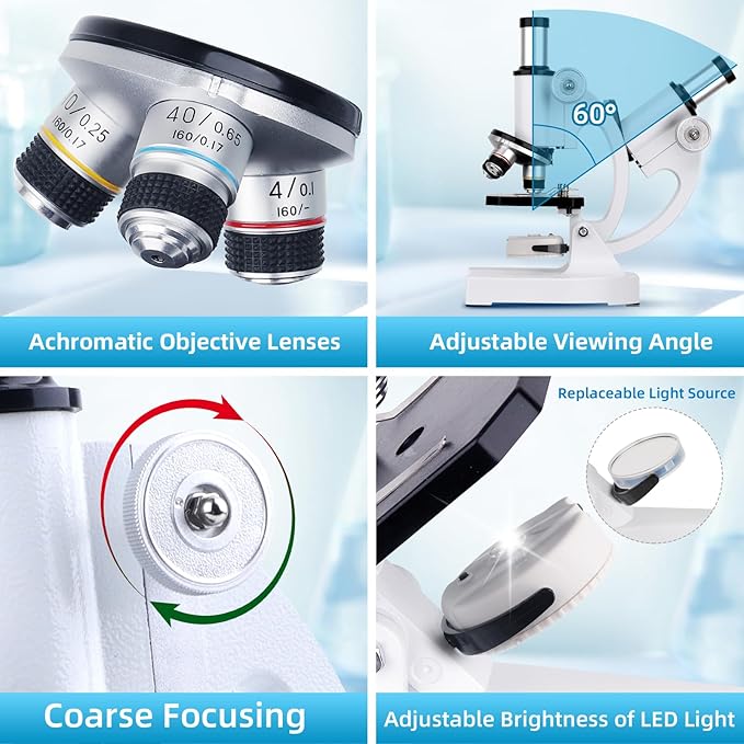 Microscope for Kids Beginner, 40X-2000X Biological Compound Microscope Kit with Adjustable Brightness LED, Slides for School Lab Home Education, Gifts for Children Students Ages 6+
