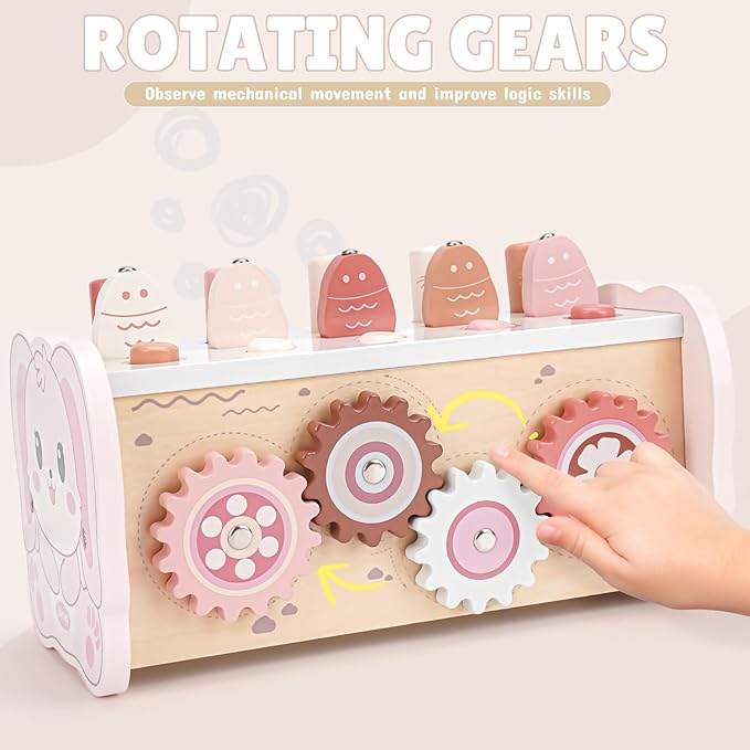 Joyreal Montessori Toys for 1 Year Old Girl Gift - Pink Wooden Hammering Pounding Toy with Xylophone & Fishing Game - Toddler Learning Activities for Kids 1+ 2 3 Year Old Christmas Birthday Gifts