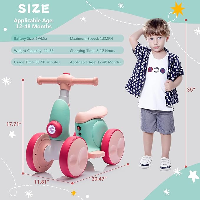 6V Electric Baby Balance Bike with Bubble Machine,4 in 1 Toddler Balance Bike w/Remote for 1 Year Old Boys Girls Kids Bubble Bike Ride on Toys w/Powered Motor,Music,LED Lights (Green&Red)