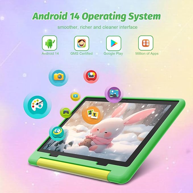 Kids Tablet 10 Inch Android 14 Tablet for Kids Ages 3-12, Octa-Core with Case, Parental Controls,14GB+64GB Storage (TF Expand 1TB), 5G WiFi, BT5.3, Green