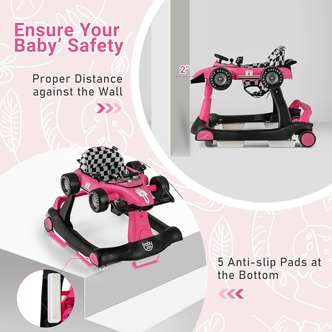 BABY JOY 4-in-1 Baby Walker, Foldable Activity Walker with Adjustable Height & Speed, Music, Lights, Steering Wheel, Comfy Seat Cushion, Activity Baby Push Walker for Boys Girls Aged 6 –18 (Pink)