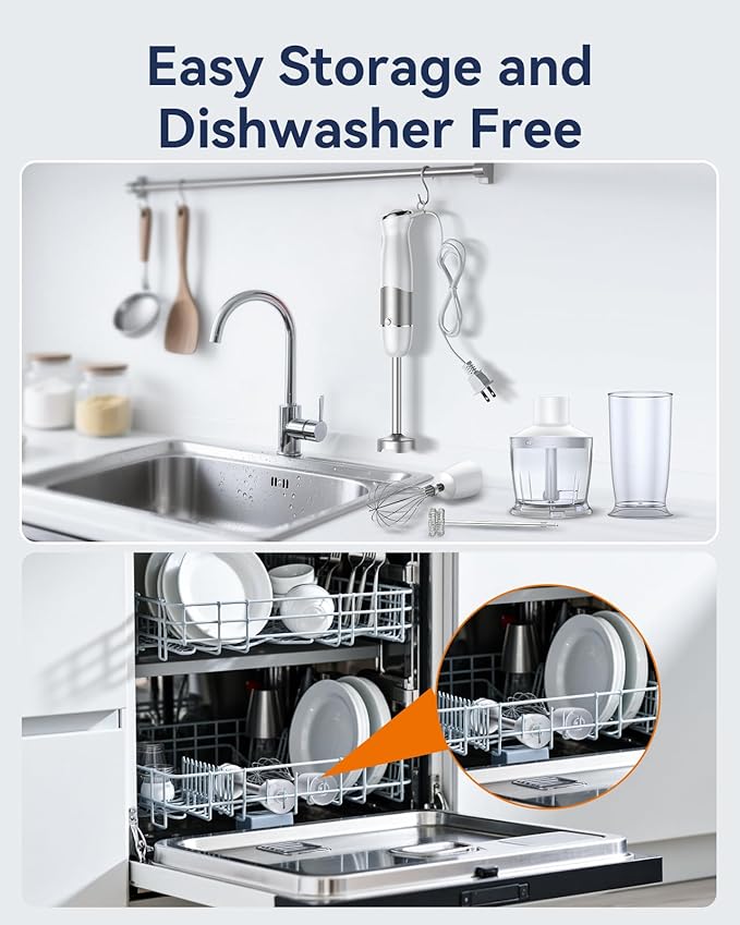 Immersion Blender Handheld 1000W 5 in 1 Corded Stick Hand Blender Kitchen with 12 Speed, BPA-Free, Mixing Beaker, Chopper, Whisk, Milk Frother, Perfect Emulsifier for Soup, Baby Food, Sauce, Puree