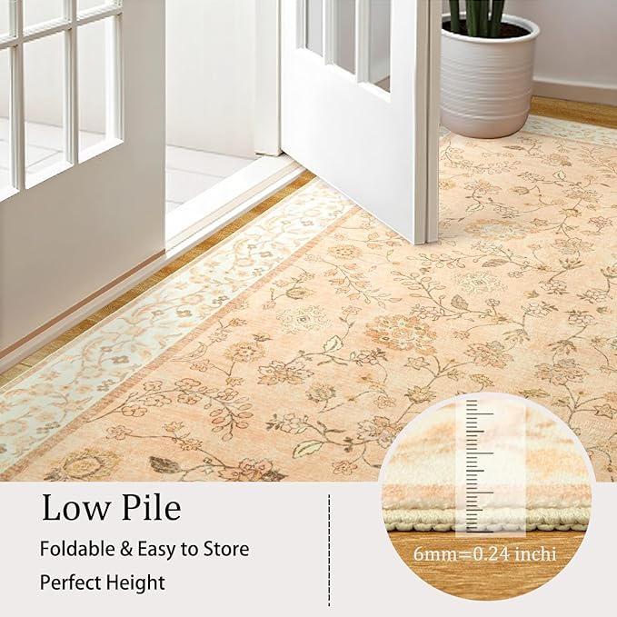 LOCHAS Washable Area Rugs 6x9, Peach Floral Rug for Living Room Bedroom Non Slip, Ultra Soft Vintage Indoor Carpet for Kids, Nursery, Dorm, Dining Room, Classroom, Boho Flower Home Decor, Low-Pile
