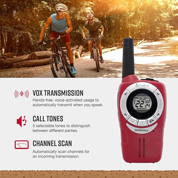 Cobra ACXT360 Water Resistant Walkie Talkies – Rechargeable, 22 Channels, Long Range 25-Mile Range Two-Way Radios 3-Pack, White, Silver and Red