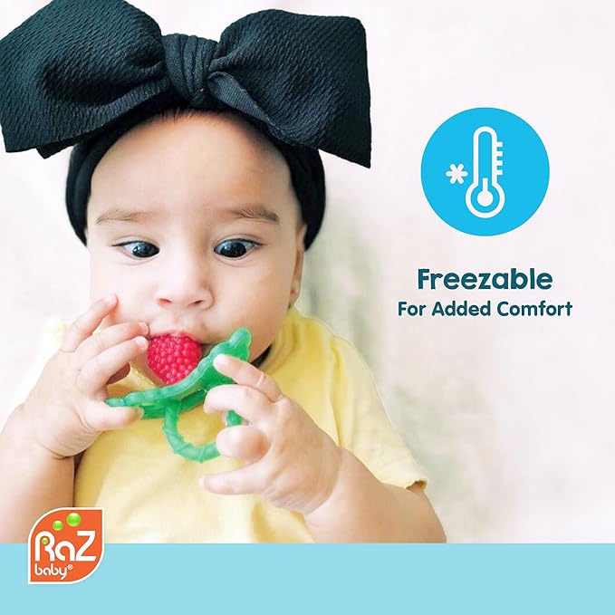 RaZbaby RaZberry Silicone Teether Pacifier – Teething Relief for Infants, Food-Grade, BPA-Free, Hands-Free Design, Natural Berrybumps Fruit Texture for Sensory Development, Freezable – Red