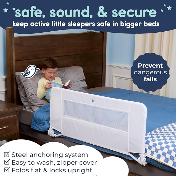 hiccapop 44" x 19" Bed Rail for Toddlers, Heavy-Duty Safety Bed Rail for Twin, Full, Queen Beds, Soft Mesh Cover & Swing-Down Design, Easy No-Tool Installation (White)