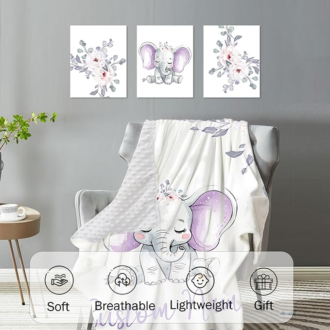 Personalized Baby Crib Bedding Set for Baby Girls, Light Purple Elephant Pattern Custom Name Baby Crib Sets 5-Pcs, Toddler Double Layer Blanket Fitted Sheets Changing Pad Cover Rug Wall Art Set