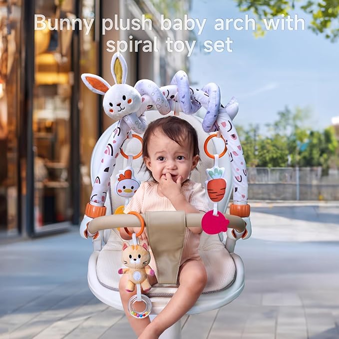 TUMAMA 2 in 1 Spiral Car Seat Toys for Babies 6-12 Months, Arch Stroller Toys for Infant 0-12 Months Hanging Toys with Clip Bouncer Bassinet Activity Toy