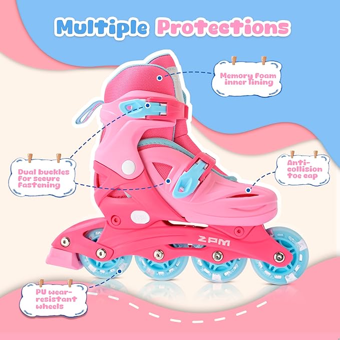 2PM SPORTS Inline Skates with Light Up Wheels, Roller Skates Blades for Boys Girls Kids Ages 5-8 8-12 4-6 6-12, Size Adjustable Beginner Blades Roller Skates