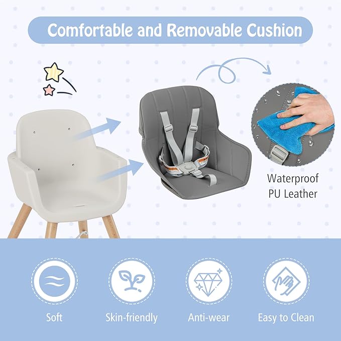 BABY JOY Baby High Chair, 3-in-1 Convertible Wooden Highchair for Babies & Toddlers, Infant Feeding Chair w/ 5-Point Safety Harness, Footrest, Adjustable Legs, Removable Tray & PU Cushion (Dark Gray)