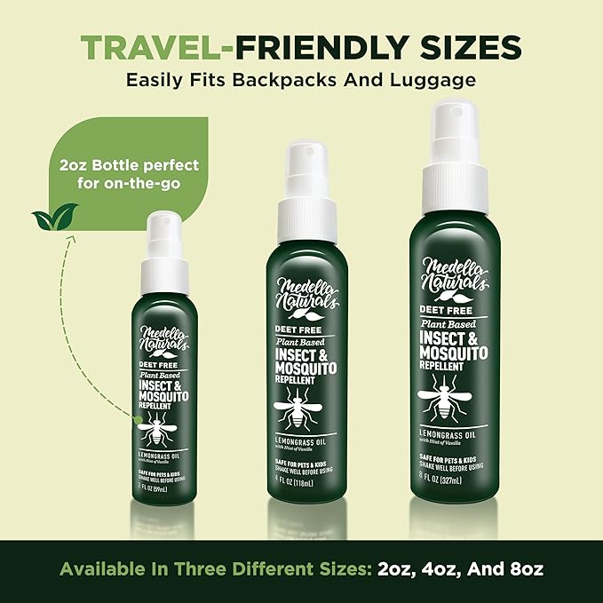 Deet-free Insect & Mosquito Repellent Travel Pack (2, 4, 8oz) – Nice Smelling Insect Repellent with Lemongrass Oil Safe for Pets and Kids – Bug Spray for Mosquitoes, Gnats, Black Flies, and No-see-ums