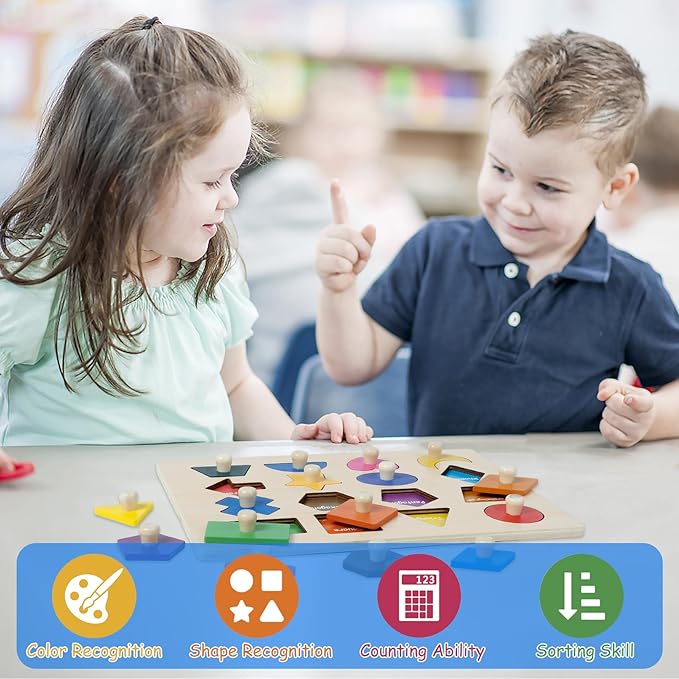 Shape Puzzles Wooden Puzzles for Toddlers, Peg Puzzle Educational Shape Sorter Toys Wooden Shape Board Puzzles, Preschool Learning Educational Toy for Baby Girls Boys