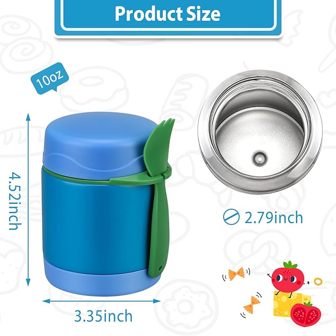10oz Soup Thermo for Hot Food Kids,Lunch Thermo Kids Food Jar with Spoon Hot Insulated Food Containers,Leak Proof Stainless Steel Wide Mouth Lunch Food Jar for School(Blue)