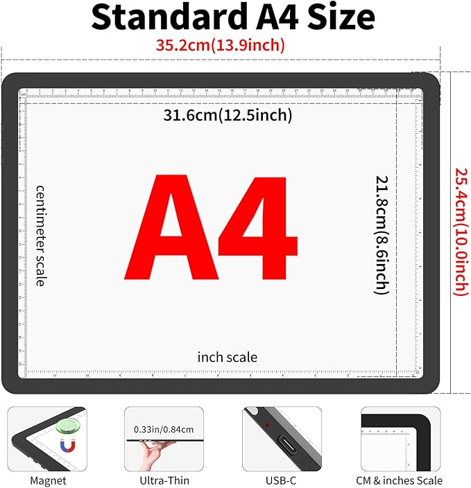 Phylosal Magnetic A4 Light Pad with Bag, Super Bright Light Box with Side Button, Diamond Art Light Board, Lightbox for Tracing and Drawing, USB Power Light Table for Sketching, Weeding Vinyl (Black)