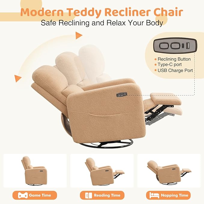 Swivel Rocker Recliner, Oversized Power Nursery Recliner Chair, Swivel Glider Reclienr with Removable Cushion, Upholstered Boucle Recling Chair for Nursery Living Room Bedroom, Teddy Camel
