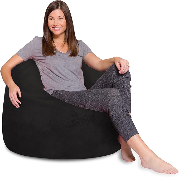 Posh Creations Bean Bag Chair for Kids, Teens, and Adults Includes Removable and Machine Washable Cover, Soft Faux Rabbit Fur - Black, 48in - X-Large