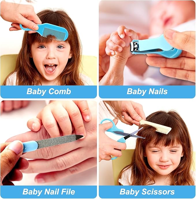 Baby Grooming Kit, Infant Safety Care Set with Hair Brush Comb Nail Clipper Nasal Aspirator,Baby Essentials Kit for Newborn Girls Boys (Blue)
