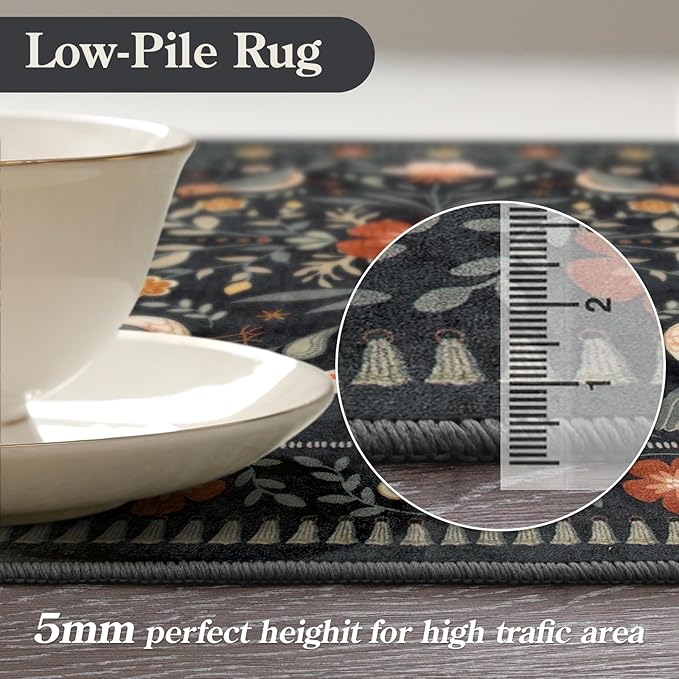 Moynesa Boho Bird 5x7 Area Rugs for Living Room, Black Floral Living Room Rug 5x7 Washable Low-Pile Bedroom Rug Non Slip, Vintage Soft Jungle Animal Floor Carpet for Nursery Playroom
