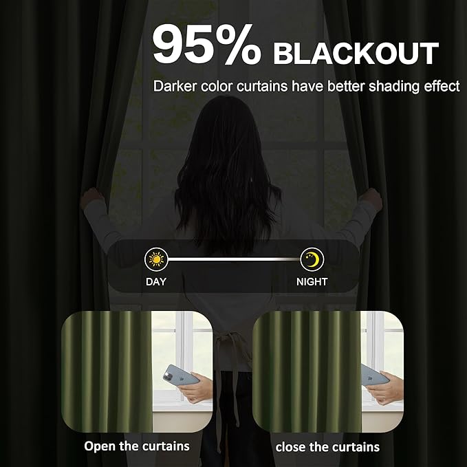 KEQIAOSUOCAI Dark Olive Green Blackout Curtains 102 Inches Long, Christmas Home Decoration Pinch Pleated Room Darkening Drapes for Bedroom Living Room,40" W x 102" L,2 Panels