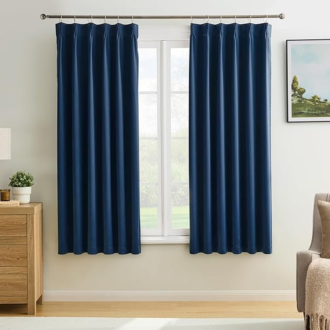 KEQIAOSUOCAI Dark Navy Blue Pleated Blackout Curtains 2 Panels Set, Thermal Insulated Room Darkening Privacy Window Curtain Panels for Bedroom(Pinch Pleat 40 Wide x 72 inch Long)