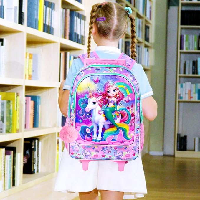 Girls Rolling Backpack, Cute Mermaid Roller Wheels Kids Bookbag - Wheeled Elementary School Bag - 3PCS Mermaid