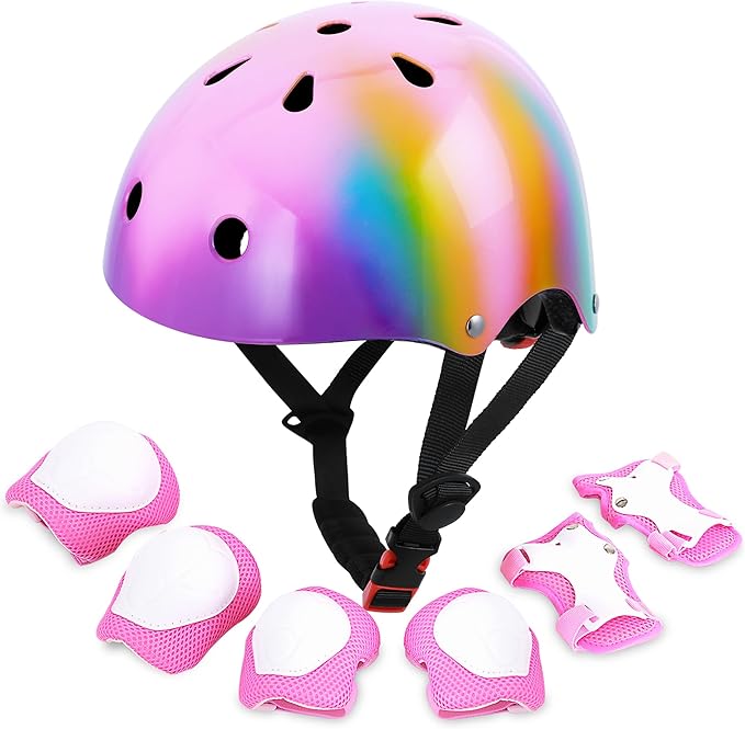 Kids Bike Helmet with DIY Stickers and Knee Pads Elbow Pads Wrist Guard Set for Ages 3-8-14 Toddler Boys Girls Helmet for Roller Skates Cycling Skateboarding Bicycle Scooter