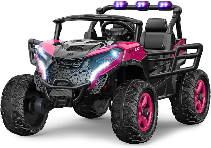 24V 2 Seater Ride on Car Truck, 4x200W, EVA Tires, 4WD/2WD, Rainbow Lights, Remote Control, Shock Absorbers, Bluetooth, Ride On UTV Toy for Kids Ages 3-8, Pink