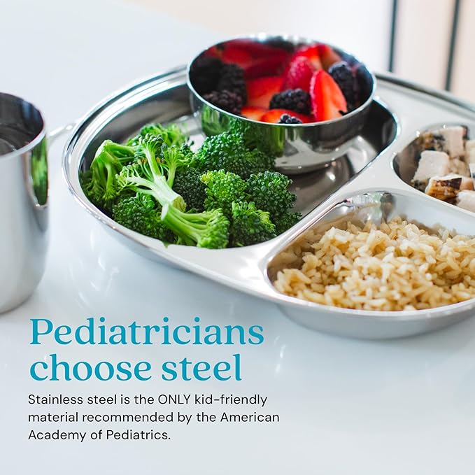 Ahimsa Stainless Steel Plates for Kids - Divided Plates for Toddlers, Pediatrician Designed, Non Toxic Toddler Plate, Camping Plate, BPA Free & Dishwasher Safe (Set of 4)