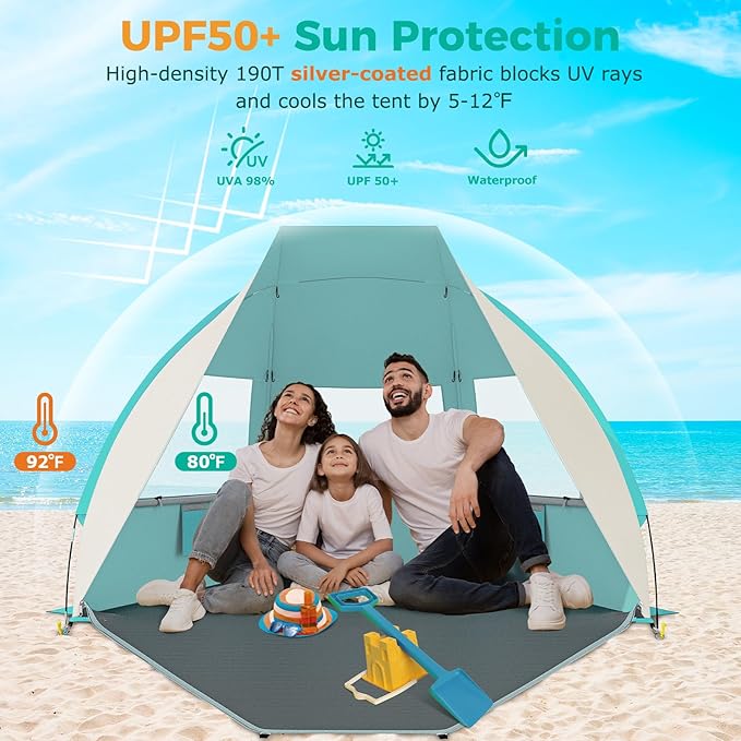 Gorich Portable Beach Tent for 3/4-5/6-7 Person with UPF 50+ UV Protection, Lightweight & Foldable Sun Shelter with 5 Sand Bags, Easy Setup Windproof Beach Umbrella Sun Shade