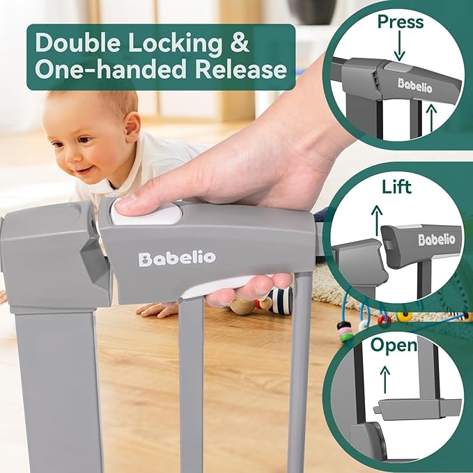 BABELIO 36-Inch Tall Baby Gate, 26-40" Wide Auto-Close Pet Gate, Easy Install and No-Drilling, Pressure Mounted with Wall Protectors and Extension Kits, Gray