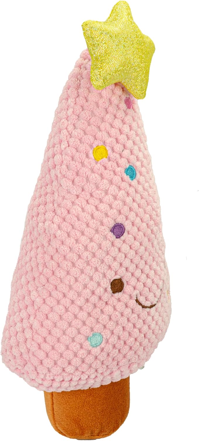 Giftable World Holiday Plush Pet Toy Fun for Christmas Designs with Squeaker Dog Chew Toy (10" Pink Terry Tree w/Squeaker & Crinkle)