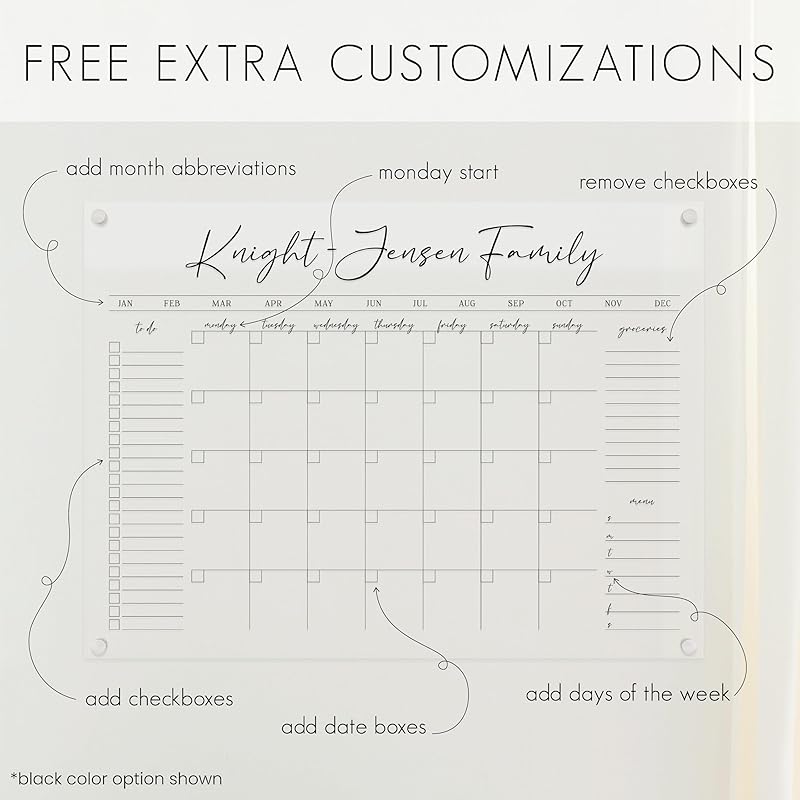 Personalized Clear Acrylic Calendar for Wall, Calendar Whiteboard for Wall, Dry Erase Wall Calendar, Wall Calendar Organizer System for Home (Cursive, White, 47.5"W x 36"H)