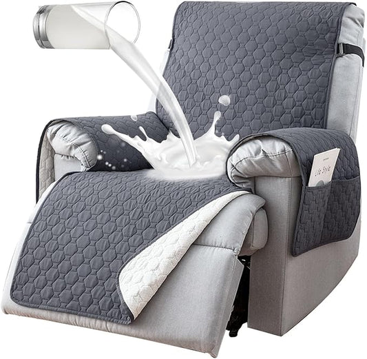 100% Waterproof Recliner Chair Covers That Stay in Place, Non-Slip Recliner Armchair Cover with 5 Pockets, Elastic Straps, Washable Reclining Chair Protector for Kids, Pets, Dogs (Grey, 25inch)