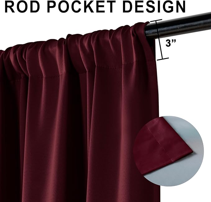 XWZO 100% Blackout Curtain Panels - Extra Long Rod Pocket Thermal Insulated Black Liner Curtains, Noise Reducing and Heat Blocking Drapes for Bedroom with Tiebacks, Burgundy, W52 x L108, Set of 2
