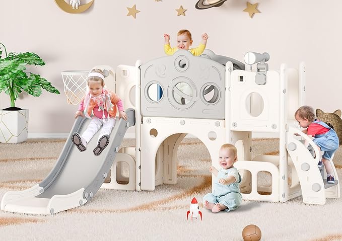 Babytronic Toddler Slide Set, 8 in 1 Kids Slide with Climber, Indoor Outdoor Slide for Toddlers Age 1-3, Toddler Playset with Basketball Hoop and Tunnel, Toddler Indoor Outdoor Playground (White&Gray)