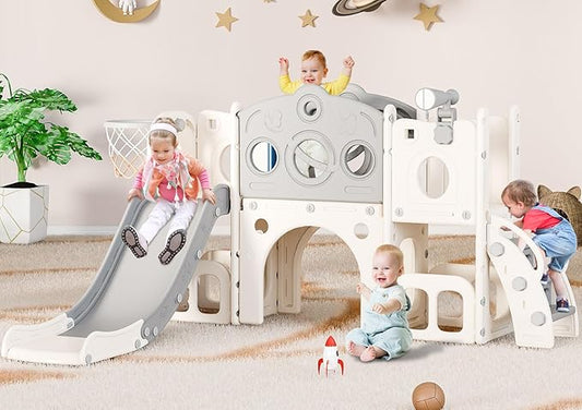 Babytronic Toddler Slide Set, 8 in 1 Kids Slide with Climber, Indoor Outdoor Slide for Toddlers Age 1-3, Toddler Playset with Basketball Hoop and Tunnel, Toddler Indoor Outdoor Playground (White&Gray)