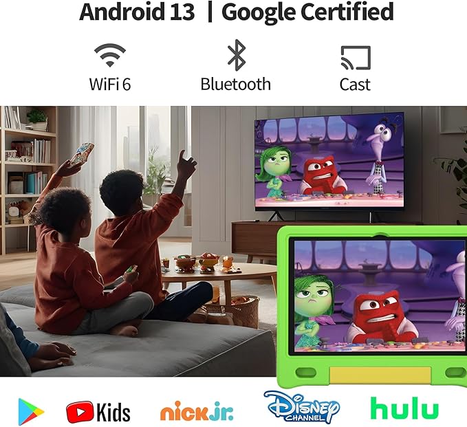 JREN Kids Table 10.1" ｜Android 14 Tablet for Kids｜64GB Storage｜Octa-Core｜WiFi ｜Cameras｜Parental Control｜Kids Content｜Case Included Great Gift for Children Ages 3-12 Years Old Green