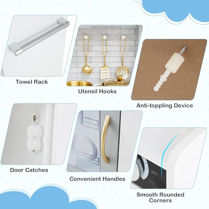 HONEY JOY Kids Kitchen Playset, Wooden Little Chef Pretend Toy Kitchen Set w/Chalkboard, Telephone, Utensils, Oven, Microwave, Sink, Storage, Play Kitchen for Toddlers Boys Girls, White Golden