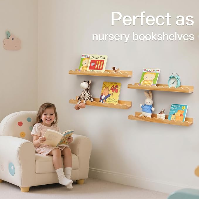 Scalloped Baby Book Shelf,Floating Shelves for Wall Set of 4 Natural Solid Pine Wood Nursery Bookshelves with Wave Lip for Bedroom Kids, Toddler Room, Baby Room, Nursery Decor(Natural,40cm)