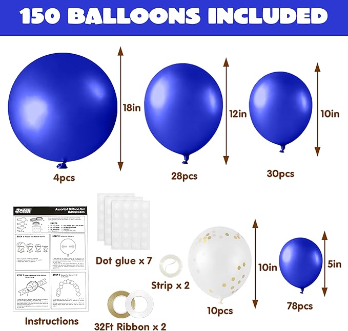 JOYIN 150 Pcs Royal Blue Balloons, Different Sizes 18 12 10 5 Inch Royal Blue Latex Balloon Arch Kit with Instruction for Birthday Party Graduation Wedding Holiday Decoration