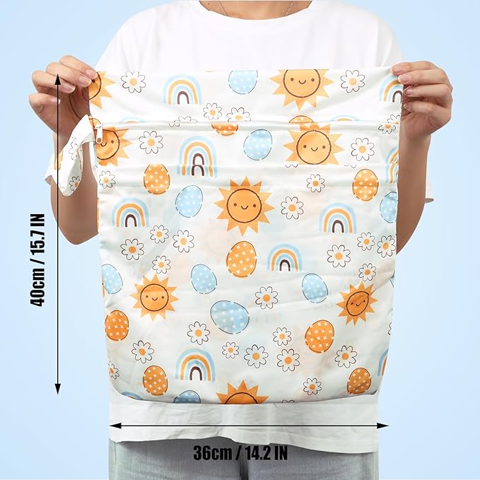 2pcs Cloth Diaper Wet Dry Bags, Waterproof Reusable Wet Bag with 2 Zipper Pockets & Handle, Washable Laundry Bags for Baby Adult Clothes Travel Beach Pool Daycare Yoga Gym Exercise Swimsuits,