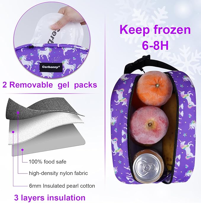 Cerbonny Small Freezable Cooler Bag for Work, School, Travel - Insulated Lunch Bag for Kids/Adults, Mini Size Fits Yogurt - Suitable for 3+ (Purple Unicorn)