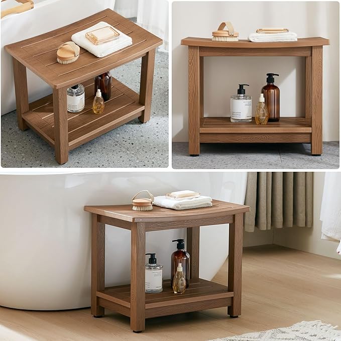 HDPS Shower Bench Seat, Poly Lumber Bathroom Stool for Inside Shower Waterproof, Foot Rest Stool for Shaving Legs with Adjustable Feet, Plastic Spa Bath Chair Seat for Bathroom, Non-Slip, Brown