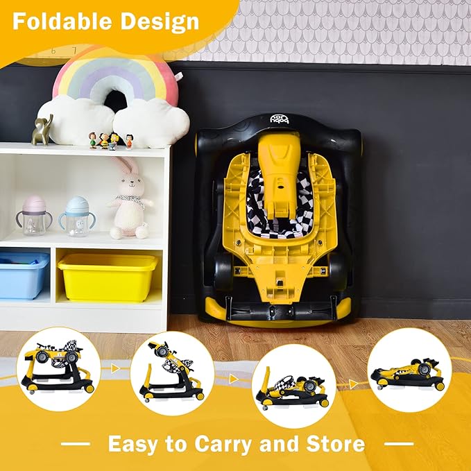 BABY JOY 4-in-1 Baby Walker, Foldable Activity Walker with Adjustable Height & Speed, Music, Lights, Anti-Rollover, Toddler Push Walker, Baby Walker with Wheels for Boys Girls 6-18 Months (Yellow)