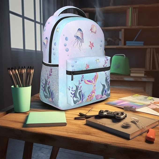 Girls Mermaid Backpack, Girl's Dreamy Underwater World School Bag with Jellyfish & Starfish Prints, Kawaii Lightweight Bookbag for Girls Boys Age 5-12, Ideal for School Travel Outdoor Hiking